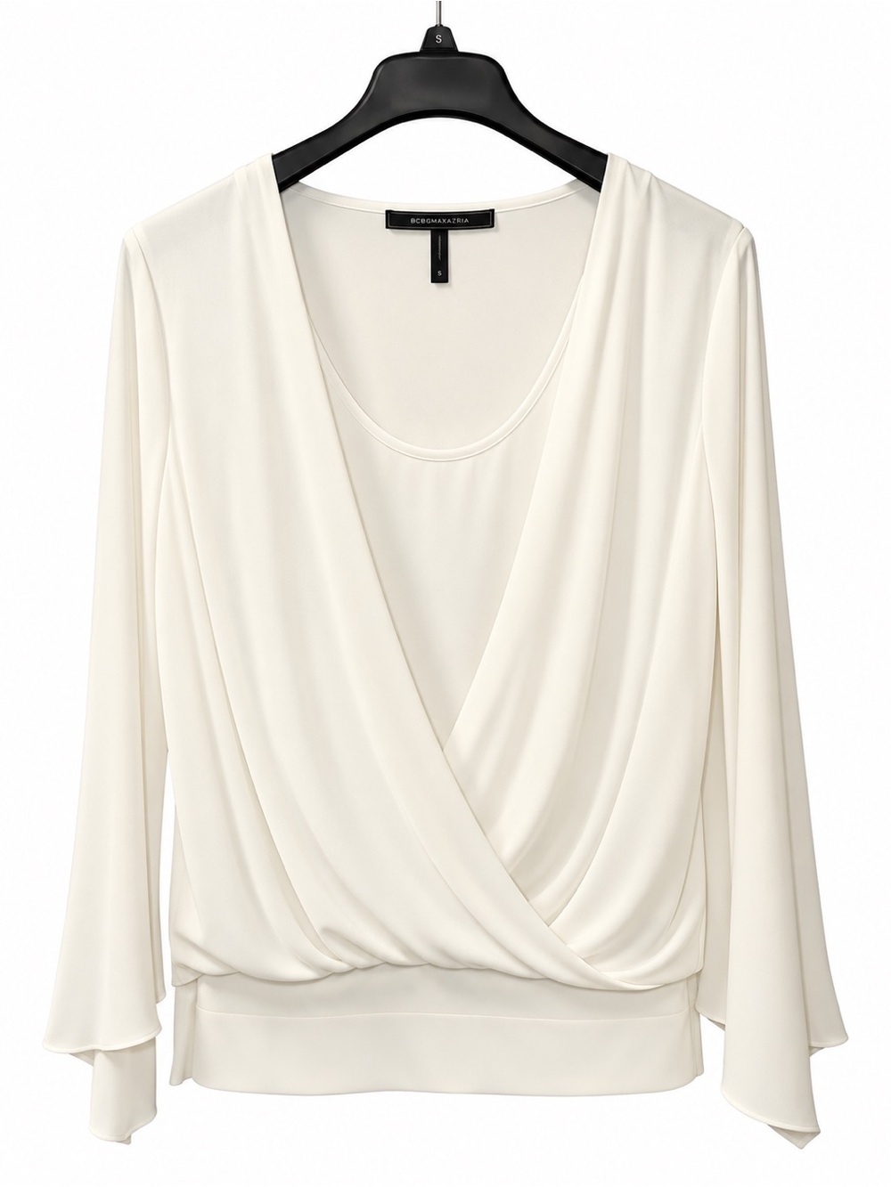 BCBGMaxAzria Ivory Draped Surplice Long Sleeve Top